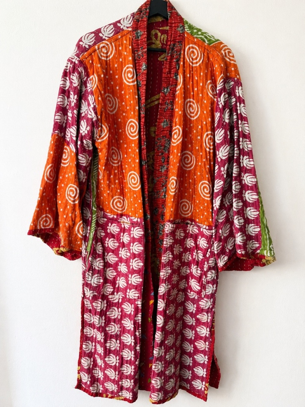 Reversible Kantha Patchwork Kimono Jacket Block Print Quilt Coat Lightweight